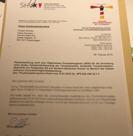 Femern A/S har modtaget tysk godkendelse Femern A/S har modtaget tysk godkendelse